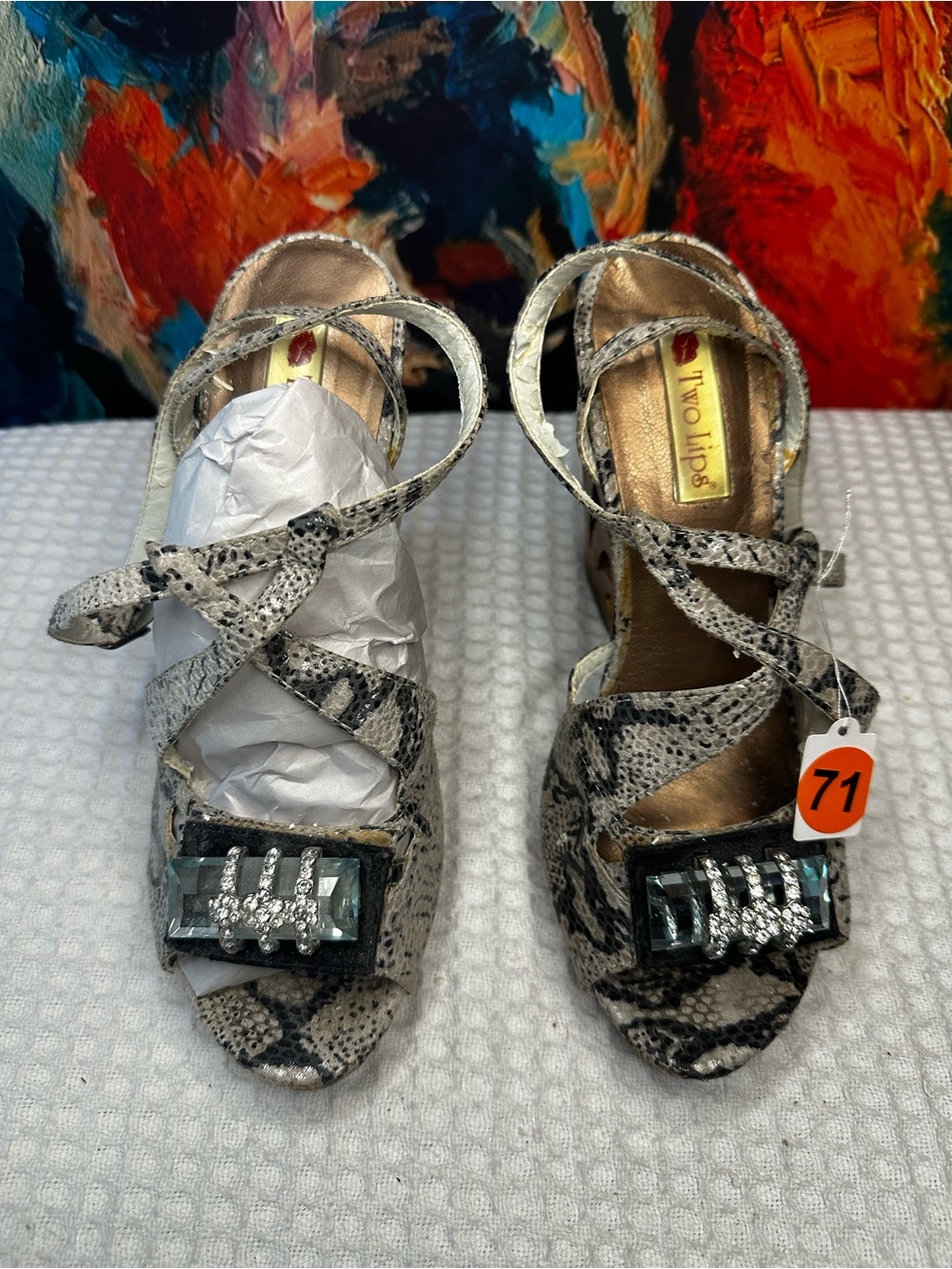 No. 71 Two Lips Snake-Print Strappy Heeled Sandals with Crystal Buckle - Gray